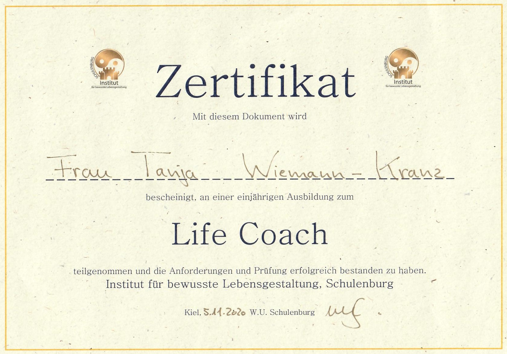 Hier sollten Sie eine Abbildung des Zertifikats über meine Ausbildung zum Life Coach sehen können.